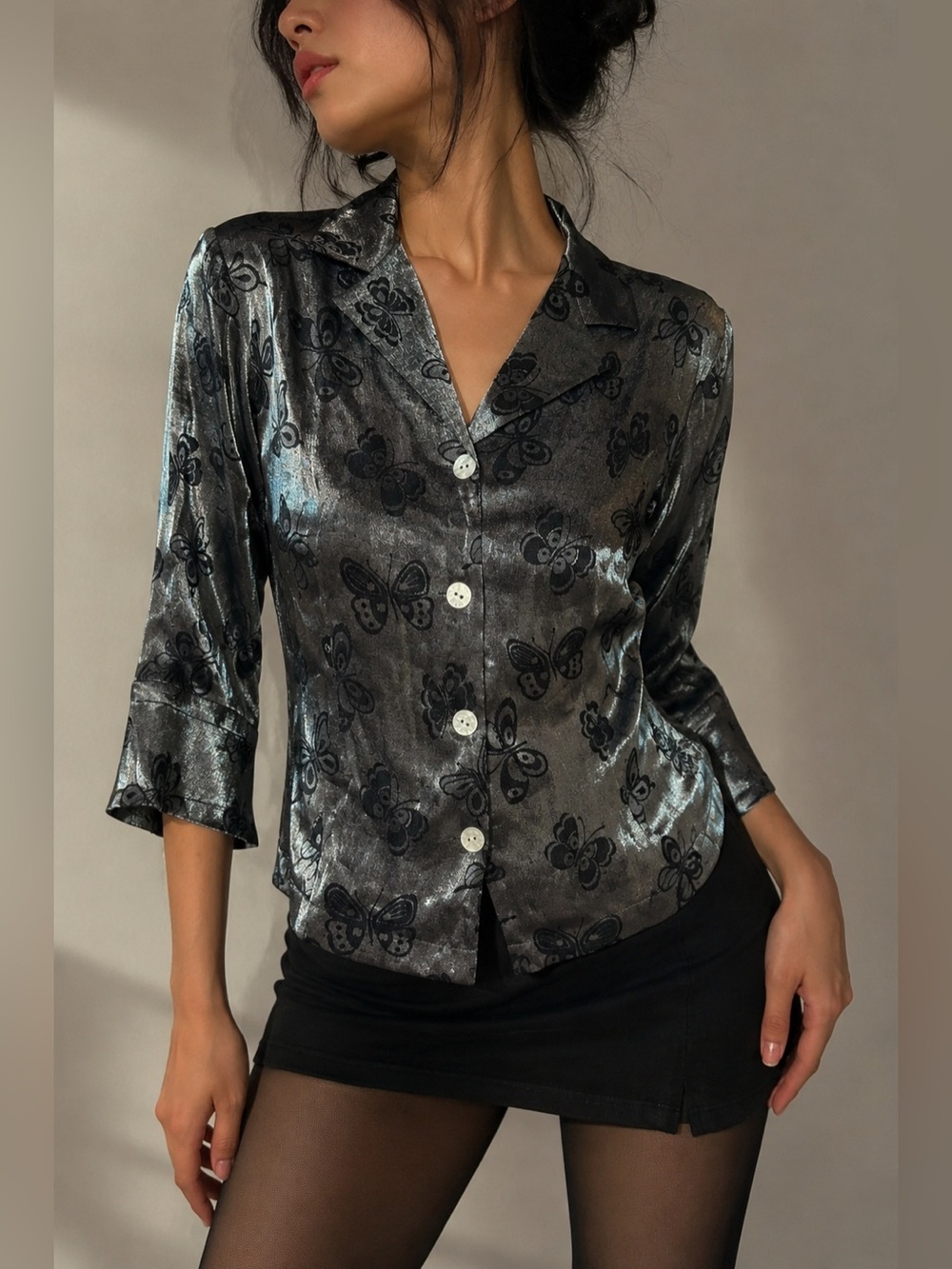 Vintage Metallic Gray Butterfly Button Front Blouse | 3/4 Sleeve Shimmer Top | S